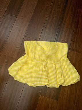 Dakota Blue Yellow  Gingham Peplum Smocked Bandeau Top Medium